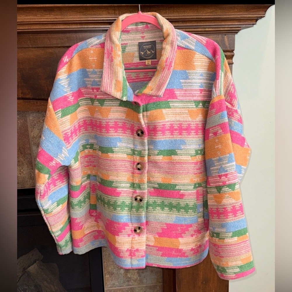 Colorful wool blend western aztec button down shirt Shacket  XL